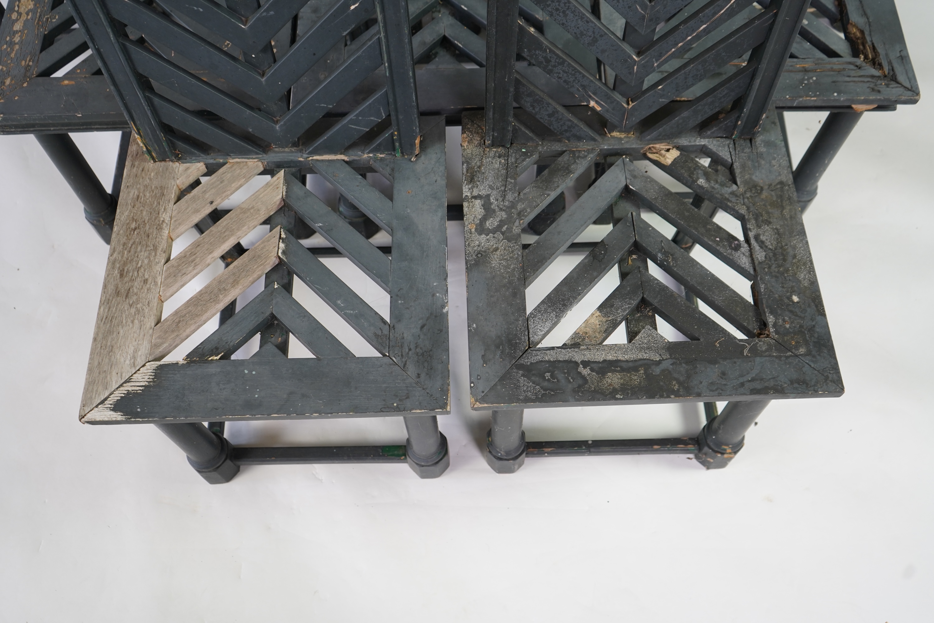 A set of fourteen green painted beech garden chairs, designed by Emilio Terry for the Theatre de Verdue, Chateau De Groussay